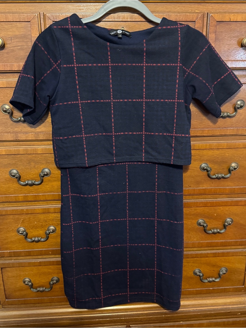 Daisy Street Navy Windowpane Plaid Midi Dress XS UK 6 Y2K Preppy Academia 90s